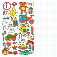 Vector pattern with little children. Kindergarten, play and grow together. Icons of toys and kids in doodle style