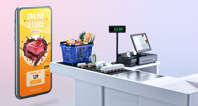 Supermarket payment terminal, shopping market basket, assorted grocery products, fresh food, drinks, smartphone shopping app. Online buying, order, delivery during coronavirus pandemic 3D illustration