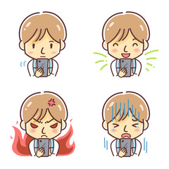 スマホを見るエプロンの男性のイラスト（喜怒哀楽・いろいろな表情）