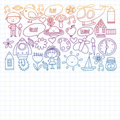 Vector pattern with little children. Kindergarten, play and grow together. Icons of toys and kids in doodle style