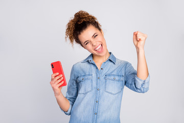 Photo of pretty nice crazy lady hold telephone hand good mood rejoicing raise fist see many new...