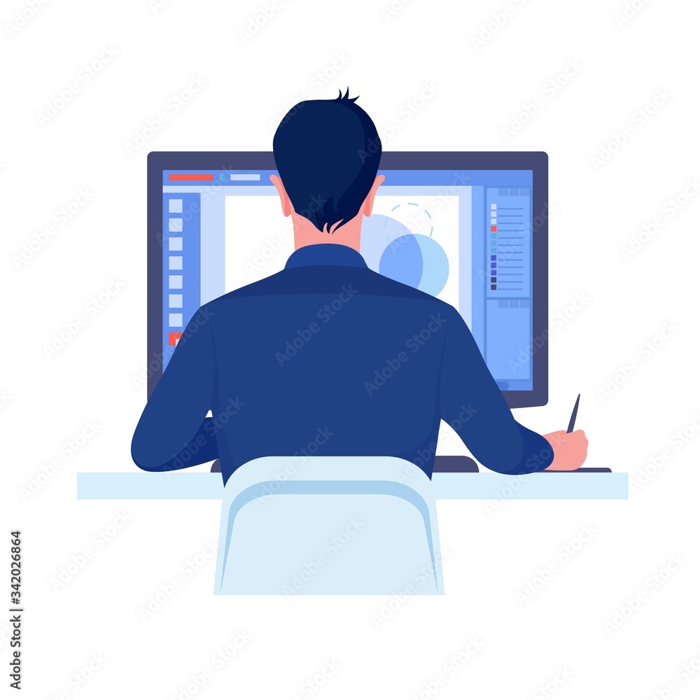 Wall mural computer graphics designer work on desk in office concept. vector