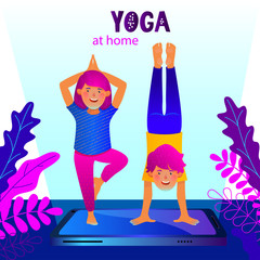 Concept of yoga at home, yoga online via internet. Cute boy and girl are doing yoga asana standing on giant smartphone. Modern flat vector illustration. Ultraviolet colors.
