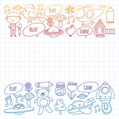 Vector pattern with little children. Kindergarten, play and grow together. Icons of toys and kids in doodle style