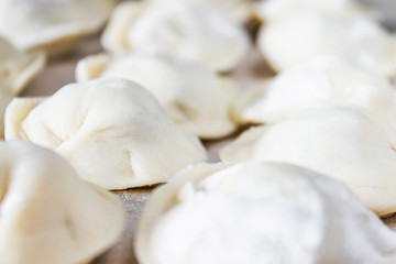 Fototapeta na wymiar Raw dumplings with minced meat on the table. The process of making homemade dumplings.