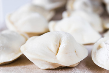 Fototapeta na wymiar Raw dumplings with minced meat on the table. The process of making homemade dumplings.