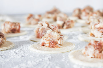 Minced meat with dough, the process of making homemade dumplings.