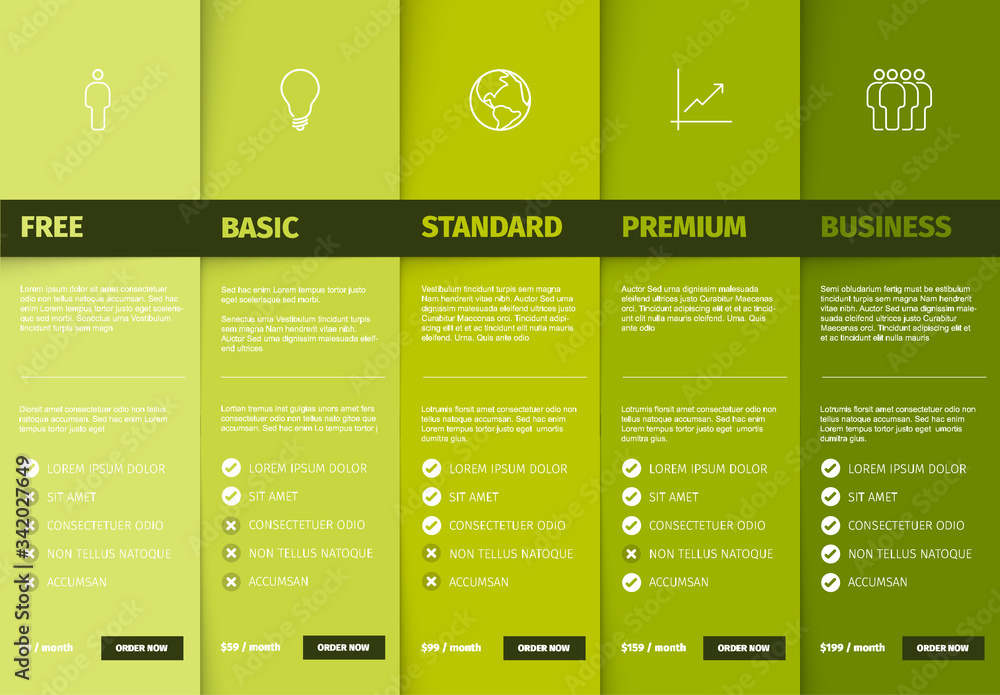 Poster products versions feature and price list table