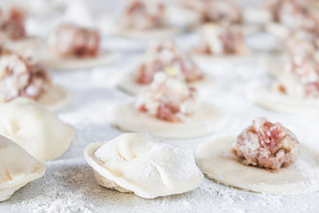 The process of making homemade dumplings. Minced meat on the dough, the process of making homemade dumplings.