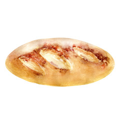 Watercolor illustration with images of bakery products. Loaves, baguettes, loaves and buns