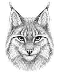 Lynx. Sketch, drawn, graphic portrait of a lynx head on a white background