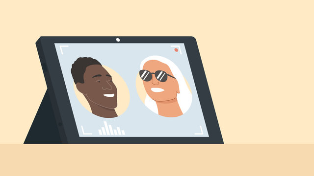 Vector illustration of a tablet with running video conferencing program with portraits of two person on the screen. It represents a concept of work from home, online meeting, videoconference