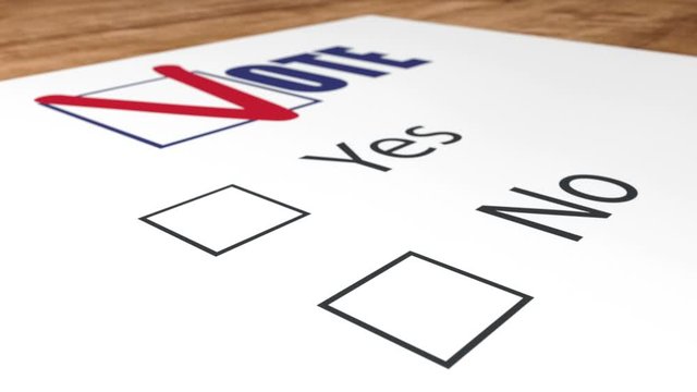 A ballot voting in elections and the voter marks red tick in NO checkbox. Close up animation. Voting procedure in the voting office center. The concept for the organization of elections.