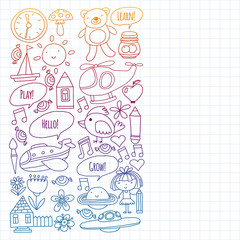 Vector pattern with little children. Kindergarten, play and grow together. Icons of toys and kids in doodle style