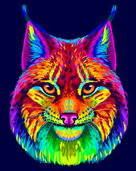 Lynx. Abstract, neon, multicolored portrait of a lynx head on a dark blue background in the style of pop art. 