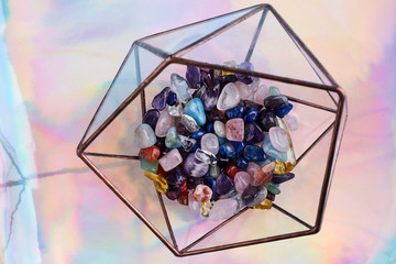 Collection with colorful healing stones background for healthcare design. Top view.