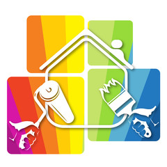 Brush and roller in hand colored paints symbol for painting the house