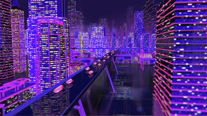 Future city neon background buildings lights roads