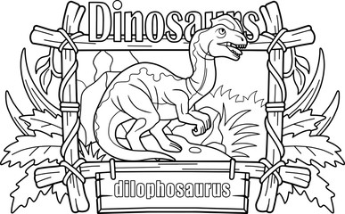 predatory prehistoric dinosaur dilophosaurus, coloring book, funny illustration
