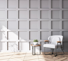 Wooden chair in Scandinavian living room with gray wooden wall paneling, home decor