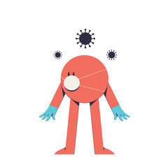 Red character isolated on a white background vector stock illustration. Cute illustration with red character in medical mask and gloves. 