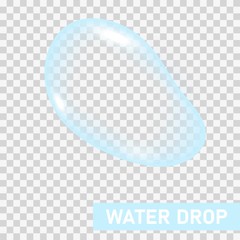 Transparent water drop on light gray background, vector illustration