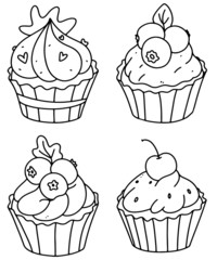Cute cupcakes coloring page. Cupcake Set.Outline doodle vector illustration.A set of muffins .