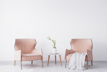 Bright interior design of living room with stylish furniture on white background, home decor, mock...