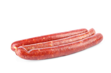 Tasty sausages on white background. Meat product