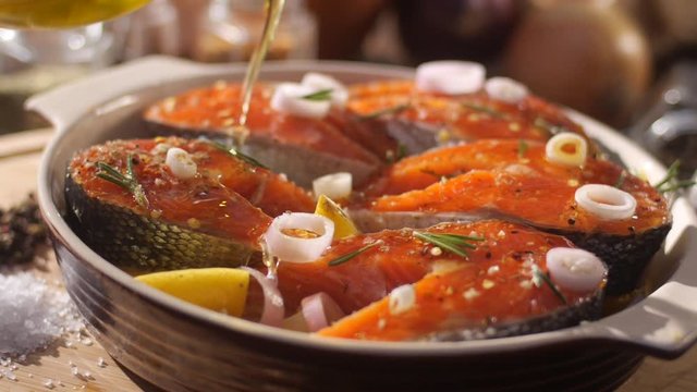 Kamchatka chum salmon fried in a pan