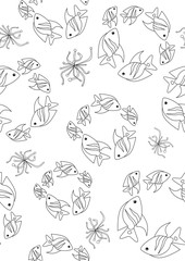 Seamless pattern or coloring page with fish and corals on a white background for printing in anti stress coloring book, outline vector stock illustration artwork with a fish in A4 format