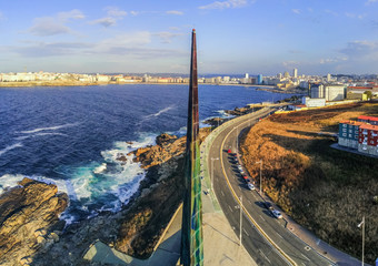 Millenium Obelisk in La Coruna. Aerial View in the beautiful city of Galicia,Spain. Drone Shoot