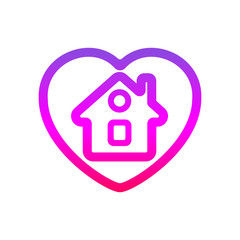 Stay home vector symbol. Home inside heart sticker pink - purple colour.