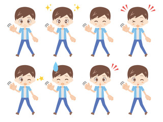 
人物セット＿手を振り歩く＿男性＿ブルー