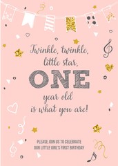 Twinkle, Twinkle, Little Star. One Year Birthday Printable Invitation Card