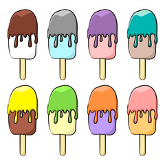 Set of hand drawn popsicle isolated on white background. Multi-colored ice cream of different tastes in doodle style. Vector illustration for decoration of menus, cafes, restaurants and pastry shops.
