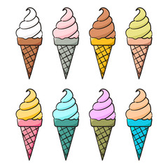 Set of hand-drawn waffle cones with ice cream isolated. Multi-colored ice cream of different tastes in doodle style. Vector illustration for decoration of menus, cafes, restaurants and pastry shops.