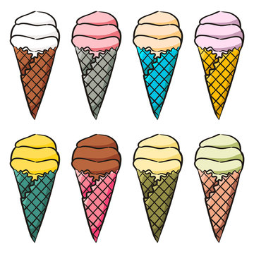 Set of hand-drawn waffle cones with ice cream isolated. Multi-colored ice cream of different tastes in doodle style. Vector illustration for decoration of menus, cafes, restaurants and pastry shops.