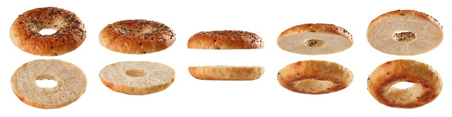 Halved bagels flying on white background