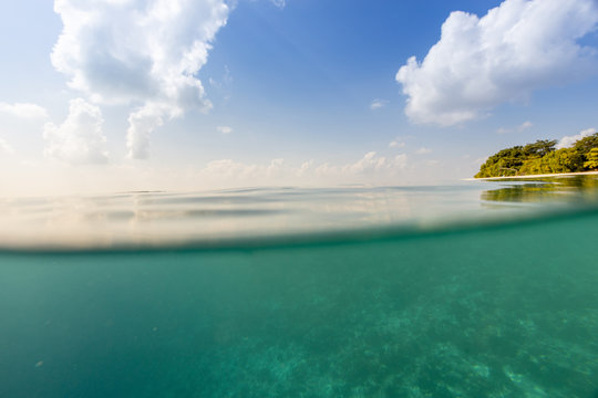 Underwater tropical coral reef splitted by cloudy sky waterline. Beautiful turquoise deep ocean view over and under water surface, Indian ocean, Maldives.