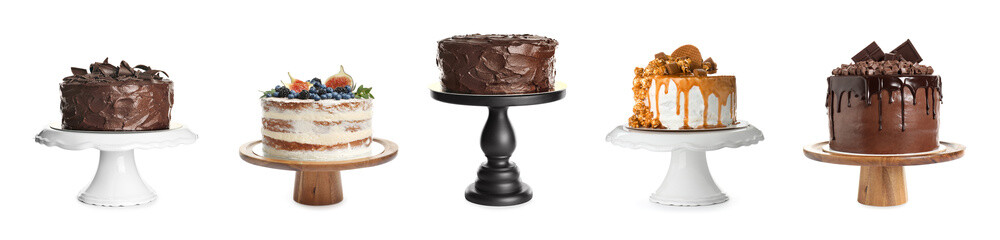 Set of different delicious cakes on white background. Banner design