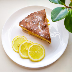 A slice of apple pie on a white plate, near to slices of lemons, on a white background, next to a green flower.