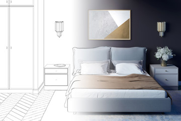 The sketch becomes a real interior of the cozy bedroom with a horizontal poster on a dark wall. A bed with a beige blanket between two nightstands, next to a wardrobe. Front view. 3d render
