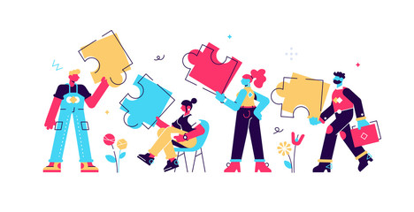 People connecting puzzle elements