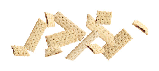 Set of falling delicious cookies with filling on white background. Banner design