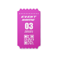 Realistic event ticket mockup - purple coupon with name, date template