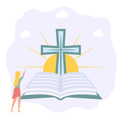 God's hands protect the planet. God gives people hope. The Bible, the word of God. Christianity. The growing number of believers. Jesus Christ. Holy places. Bible study concept. Colorful vector