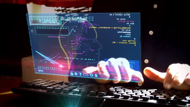Artificial intelligence. Camera moves around hud display and man typing keyboard. Deep machine learning technology with cyber head shape on screen. Digital AI futuristic concept.