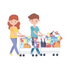 Woman and man shopping with carts and products vector design
