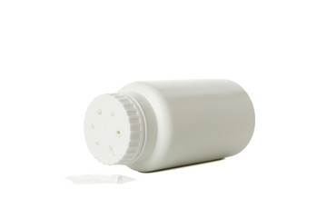 Blank bottle of talcum powder isolated on white background
